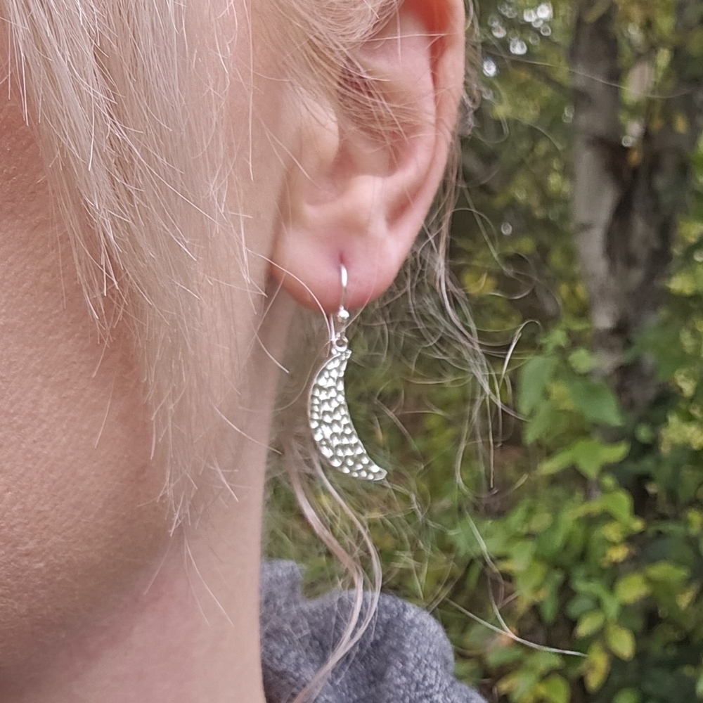 Hammered Silver Crescent Moon Earrings
